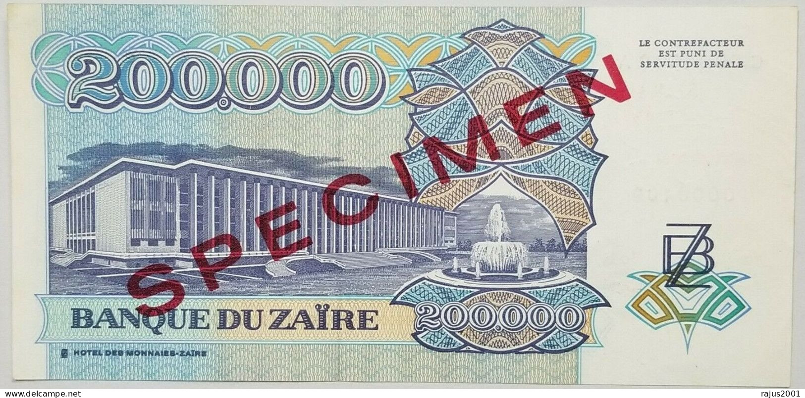 CONGO KINSHASA ZAIRE, Zaire 200,000 Bank Note SPECIMEN UNC 1992 SPECIMEN - Zaïre