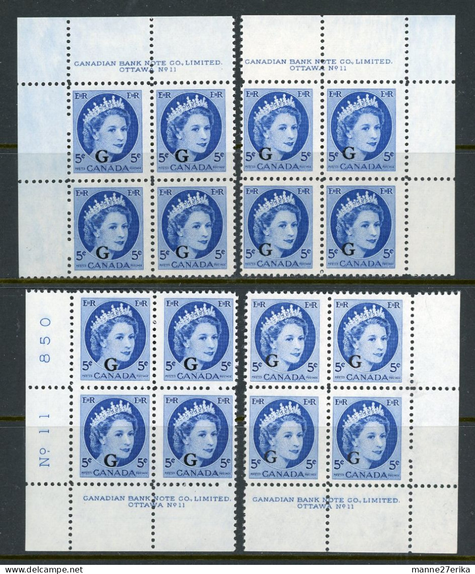 -Canada-1955 Plate Blocks "Queen Elisabeth II"  MNH **  Overprinted 'G' - Aufdrucksausgaben