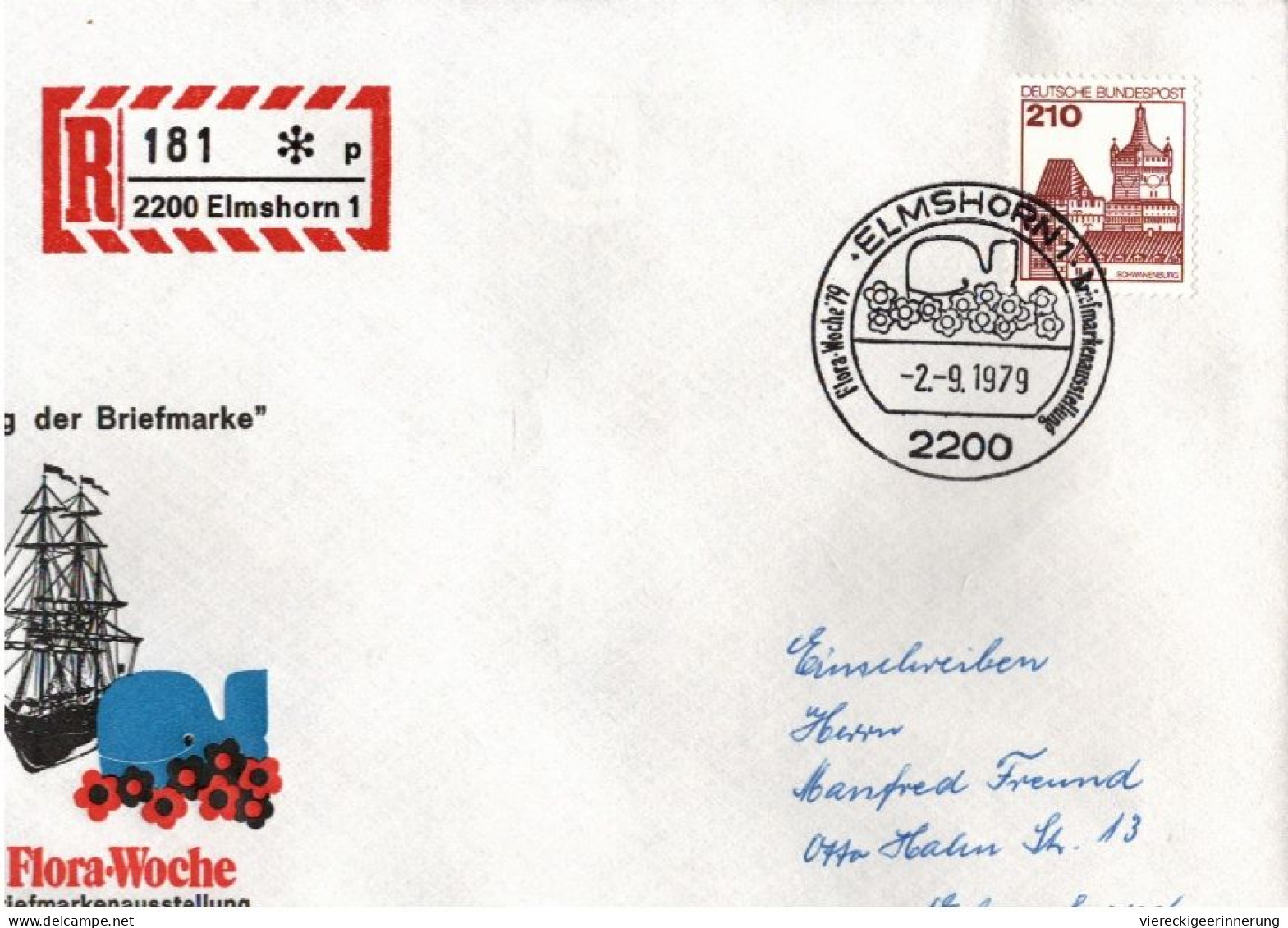 ! Eingedruckter R-Zettel Auf Einschreiben Aus Elmshorn, Sonderstempel, Briefmarkenausstellung 1979, Walfisch, Whale - Ballenas