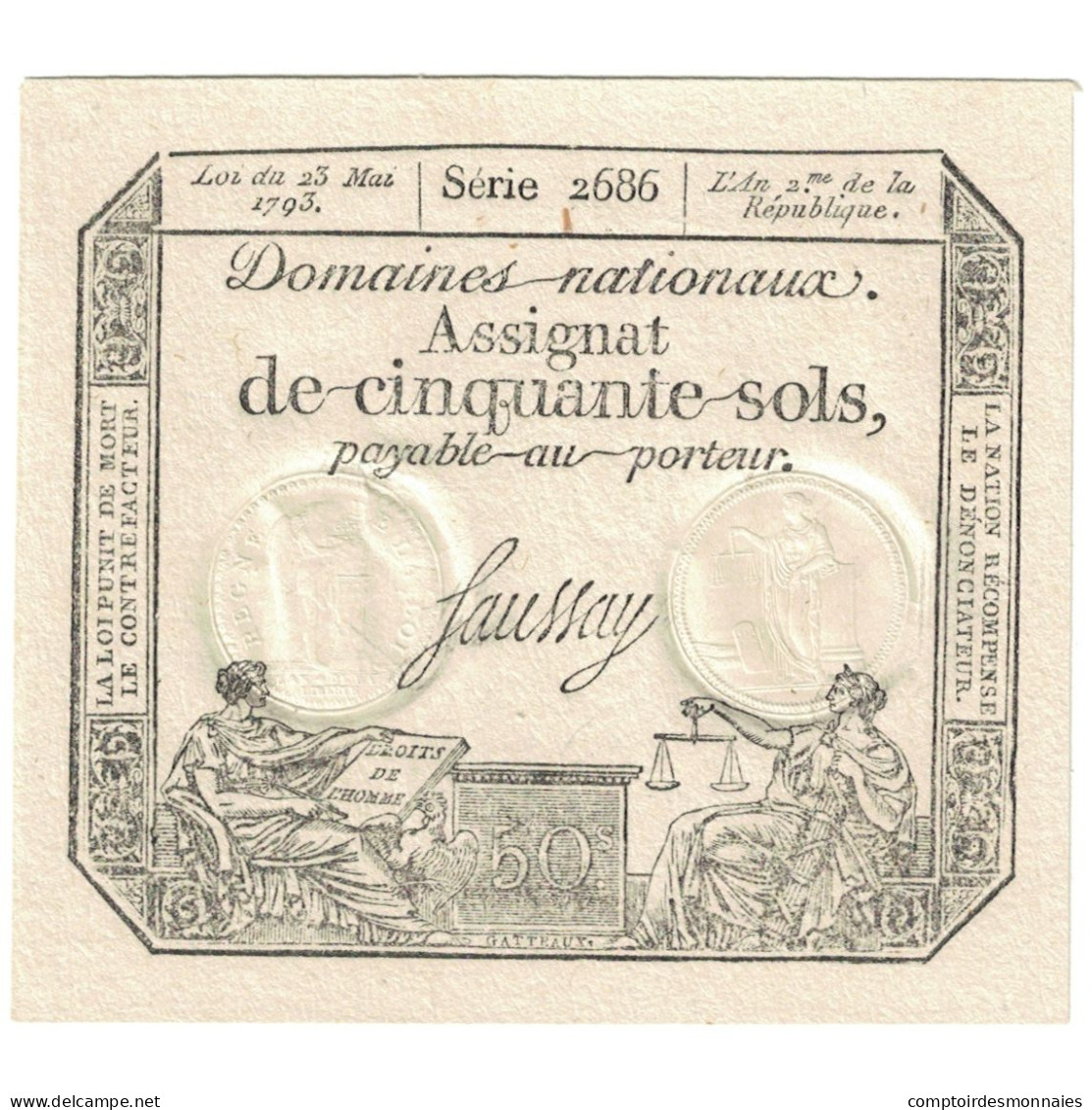 France, 50 Sols, 1793, 2686, NEUF, KM:A70b - Assignats & Mandats Territoriaux