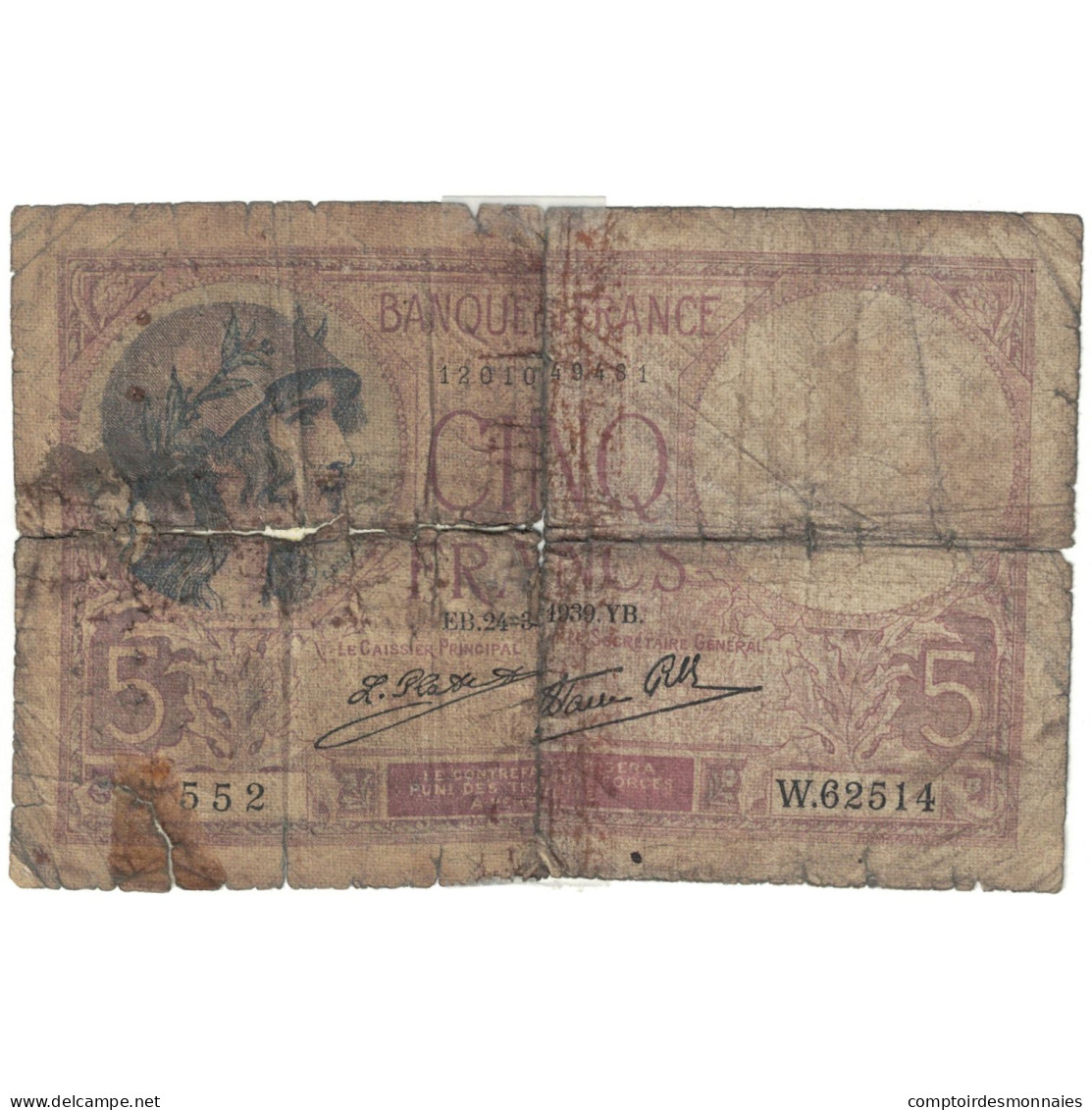 France, 5 Francs, 1939, W.62514, AB, Fayette:04.07, KM:83 - 5 F 1917-1940 ''Violet''