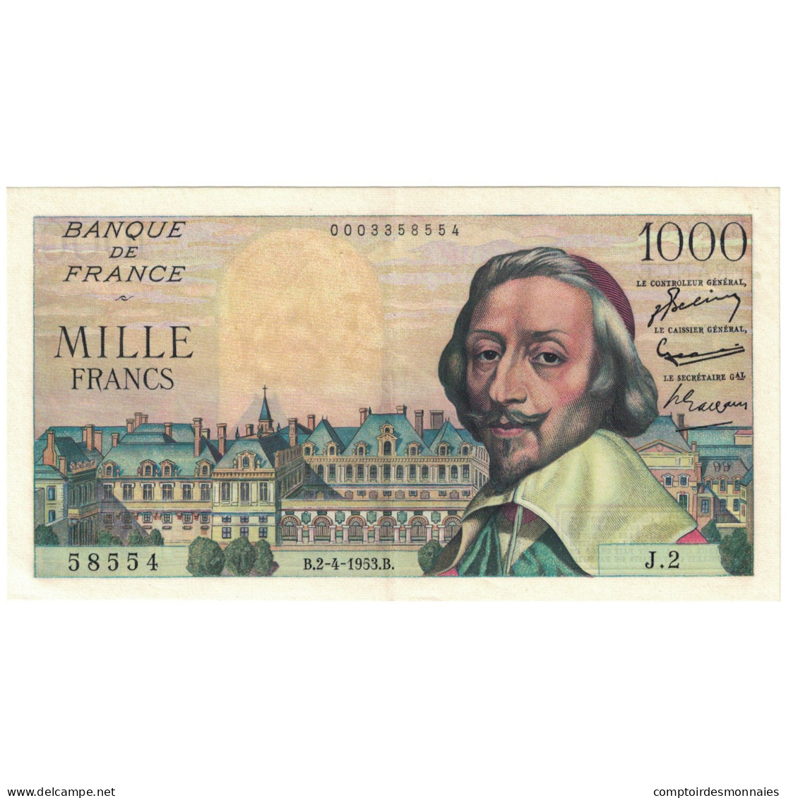 France, 1000 Francs, Richelieu, 1953, J.2, SUP+, Fayette:VF 42.1, KM:134a - 1 000 F 1953-1957 ''Richelieu''