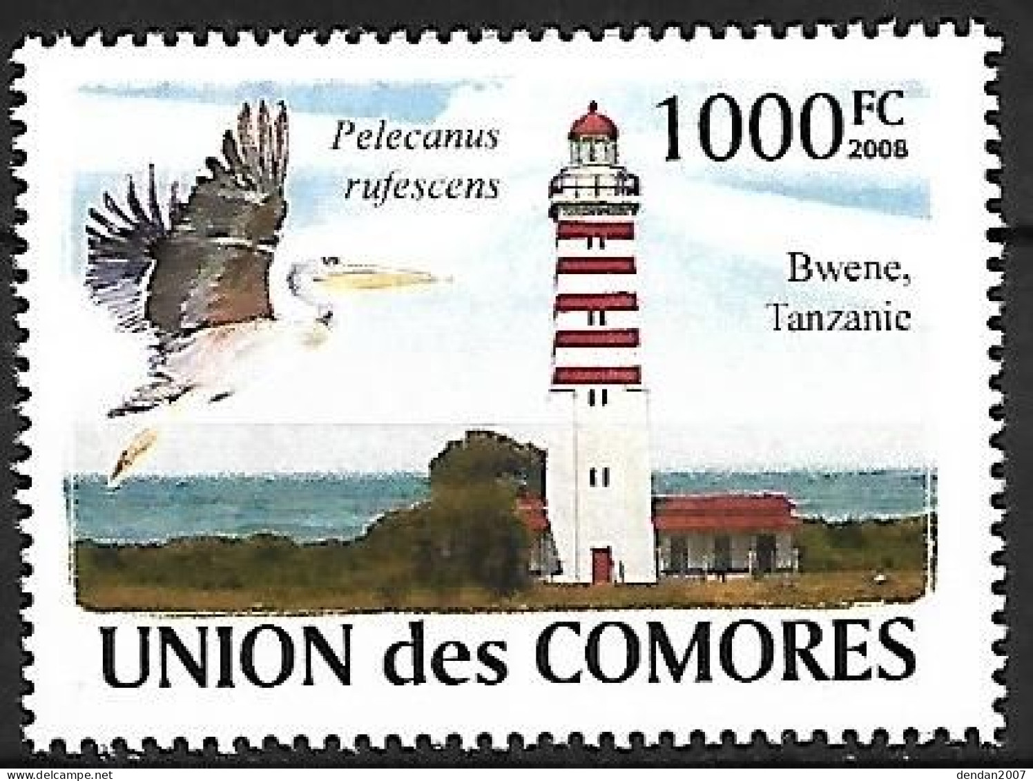 Comores - Comoro Islands - MNH ** 2008 :    Lighthouses And Birds :    Pink-backed Pelican  -  Pelecanus Rufescens - Pélicans