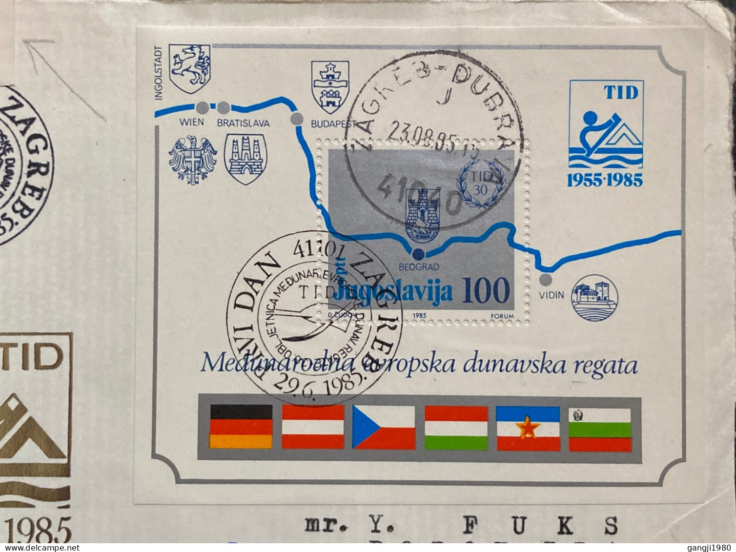 YUGOSLAVIA 1985, COVER USED TO USA VIA CANADA, MINIATURE SHEET, METER CANCEL ADD, 6 DIFF COUNTRY FLAG, ZAGREB - DUBRAVA - Cartas & Documentos