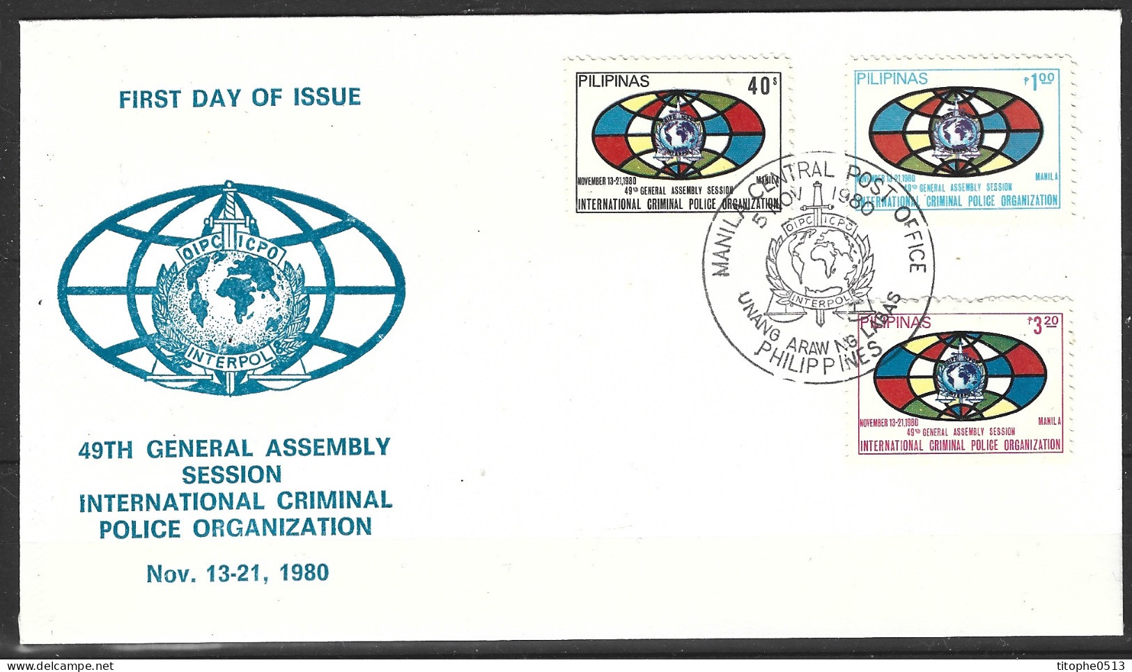 PHILIPPINES. N°1224-6 De 1980 Sur Enveloppe 1er Jour. Interpol. - Police - Gendarmerie