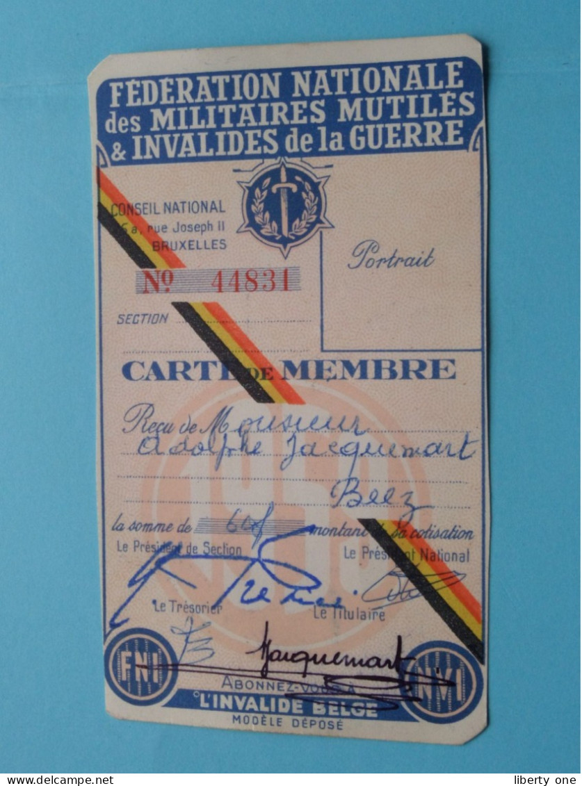 Carte De MEMBRE Fed. Nat. Des Militaires MUTILES & INVALIDES De La GUERRE ( VOIR Scans ) Beez 1959 ! - Dokumente