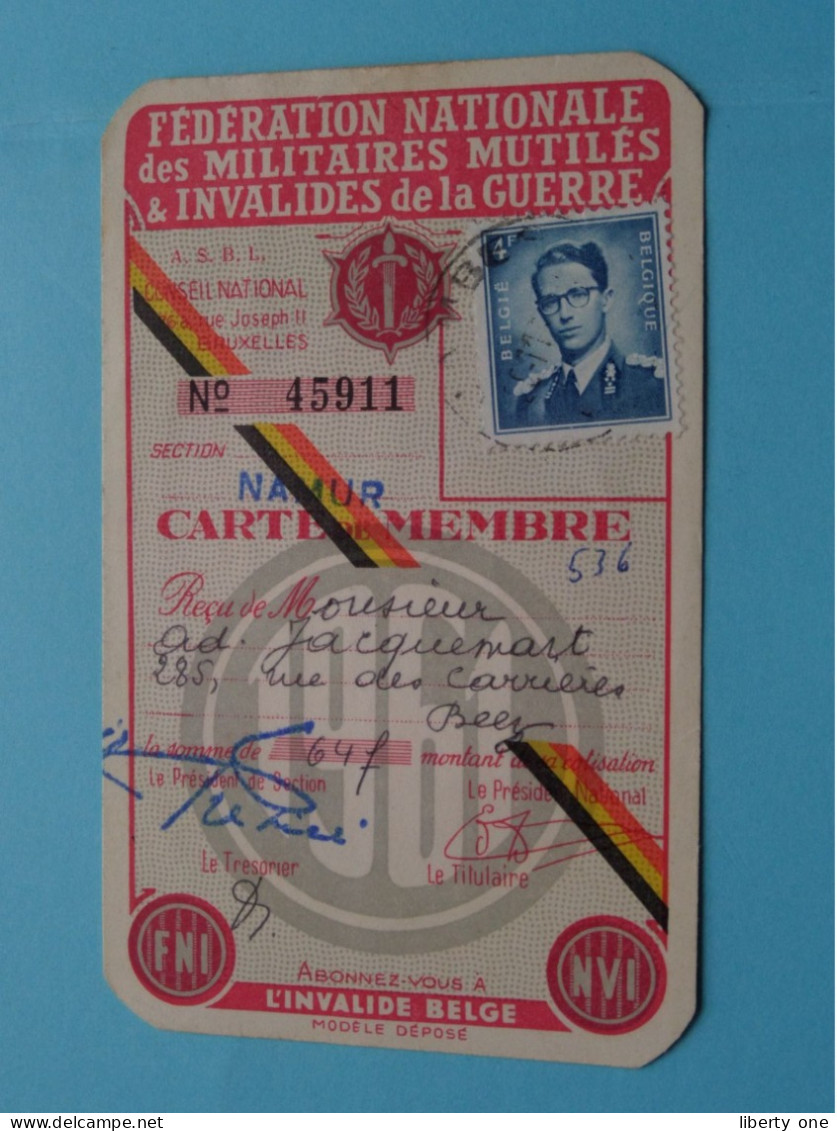 Carte De MEMBRE Fed. Nat. Des Militaires MUTILES & INVALIDES De La GUERRE ( VOIR Scans ) Sect Namur 1961 ! - Documents