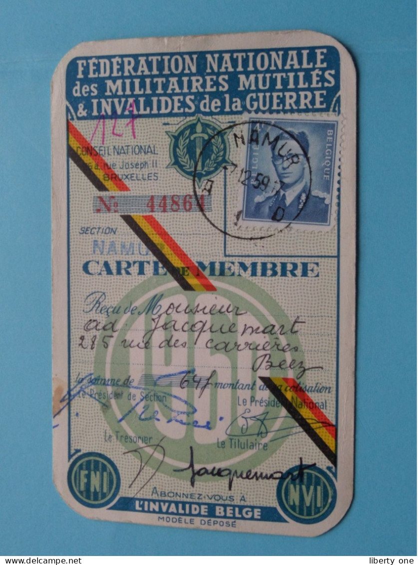 Carte De MEMBRE Fed. Nat. Des Militaires MUTILES & INVALIDES De La GUERRE ( VOIR Scans ) Sect Namur 1960 ! - Documentos