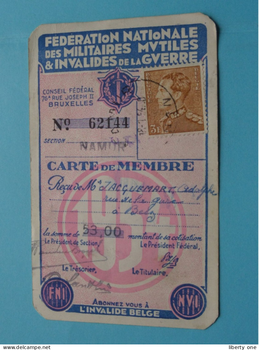 Carte De MEMBRE Fed. Nat. Des Militaires MUTILES & INVALIDES De La GUERRE ( VOIR Scans ) Sect Namur 1954 ! - Dokumente