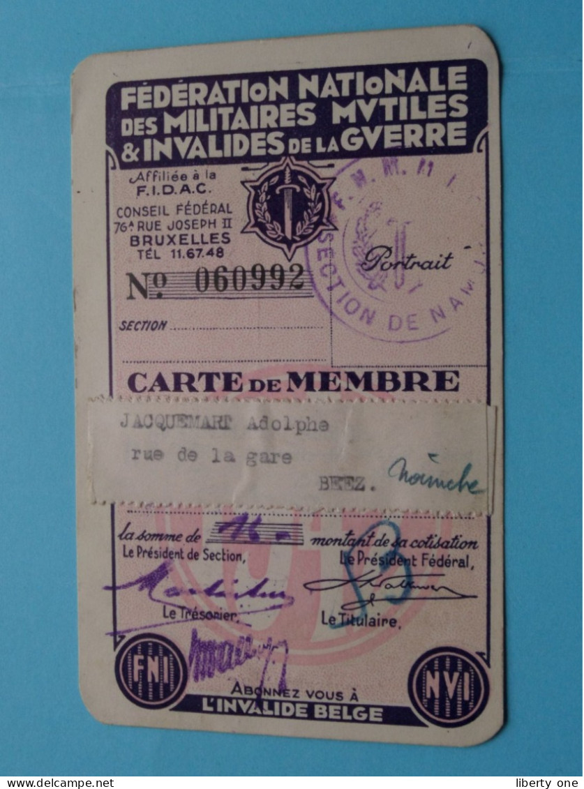 Carte De MEMBRE Fed. Nat. Des Militaires MUTILES & INVALIDES De La GUERRE ( VOIR Scans ) Sect Namur 1942 ! - Documents