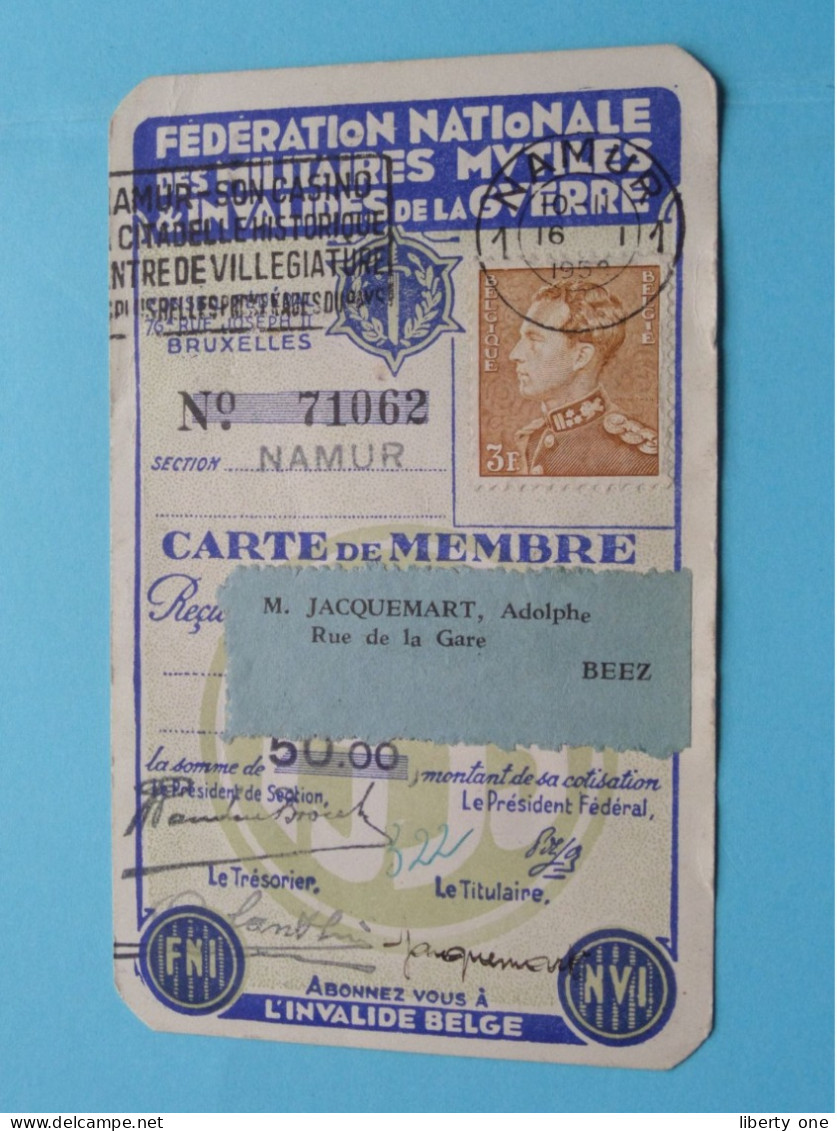Carte De MEMBRE Fed. Nat. Des Militaires MUTILES & INVALIDES De La GUERRE ( VOIR Scans ) Sect Namur 1953 ! - Documenten