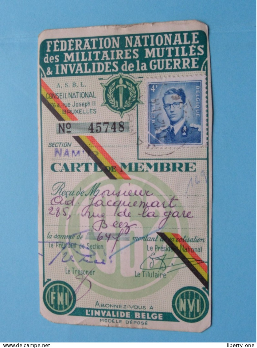 Carte De MEMBRE Fed. Nat. Des Militaires MUTILES & INVALIDES De La GUERRE ( VOIR Scans ) Sect Namur 1962 ! - Documentos