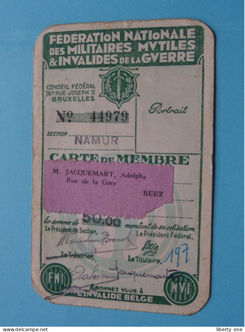 Carte De MEMBRE Fed. Nat. Des Militaires MUTILES & INVALIDES De La GUERRE ( VOIR Scans ) Sect Namur 1951 ! - Documents