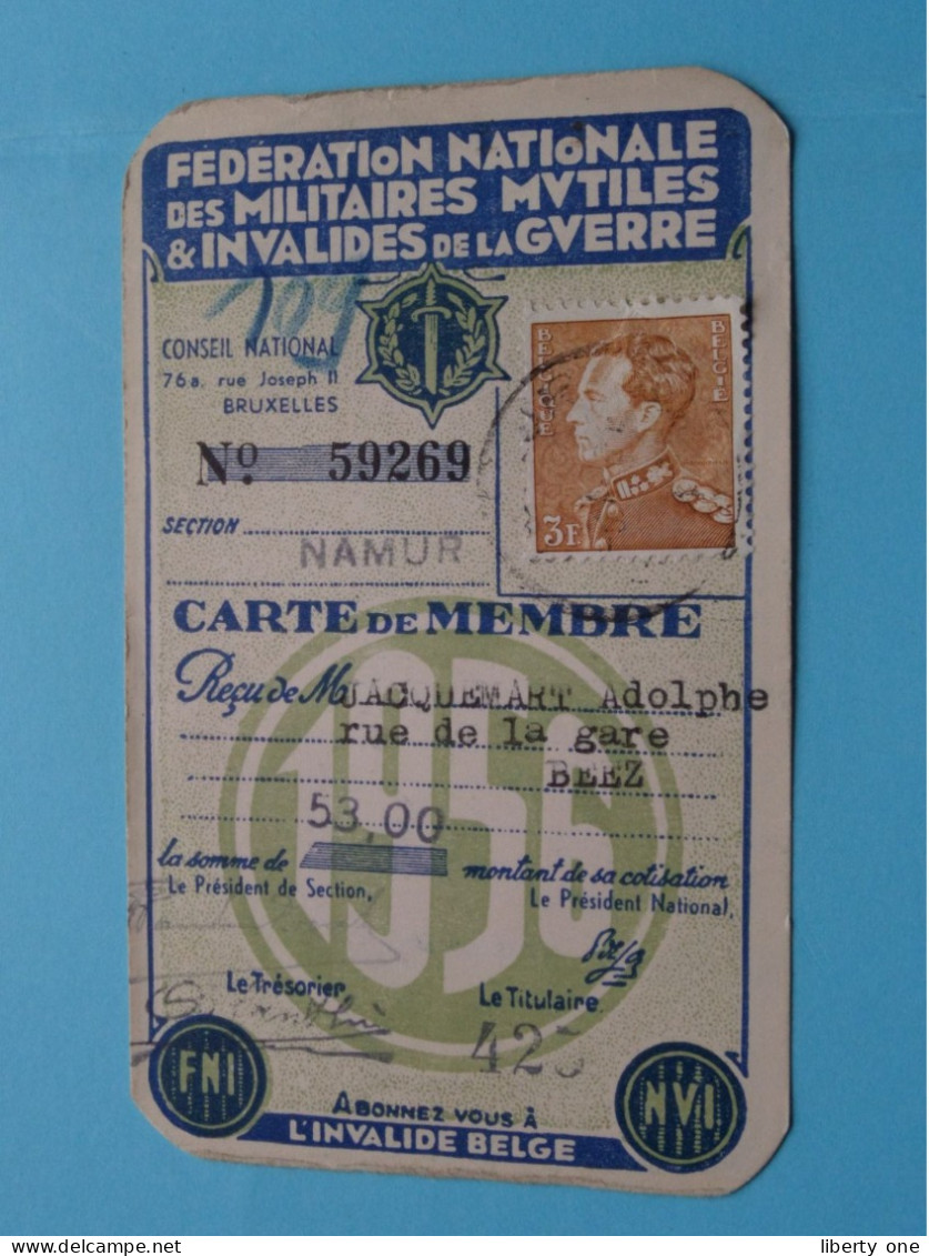 Carte De MEMBRE Fed. Nat. Des Militaires MUTILES & INVALIDES De La GUERRE ( VOIR Scans ) Sect Namur 1956 ! - Documents