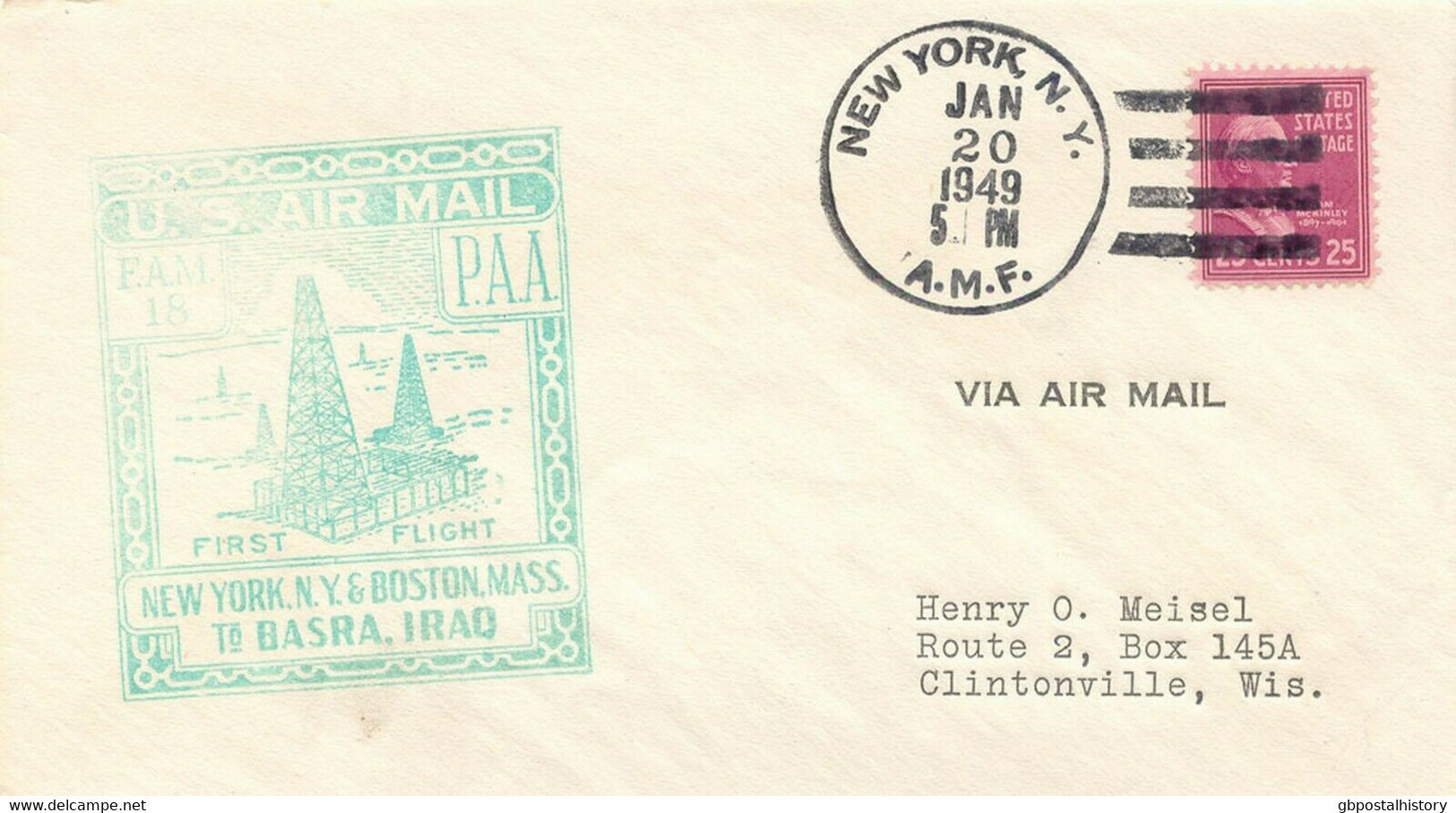 USA 1949 Selt. Erstflug FAM 18 M Pan American Airways "NEW YORK - BASRAH, Irak" - 2c. 1941-1960 Covers