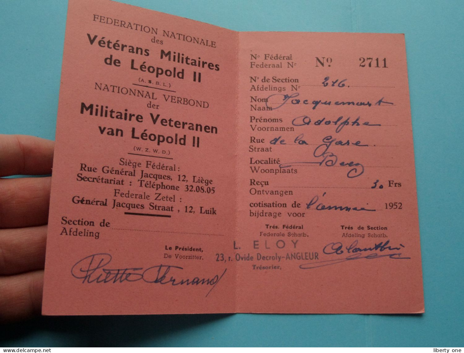 Nat. Verbond Der MILITAIRE VETERANEN Van LEOPOLD II - Des VETERANS MILITAIRES ( Zie / Voir Scans ) 1952 Lid/Membre ! - Documents