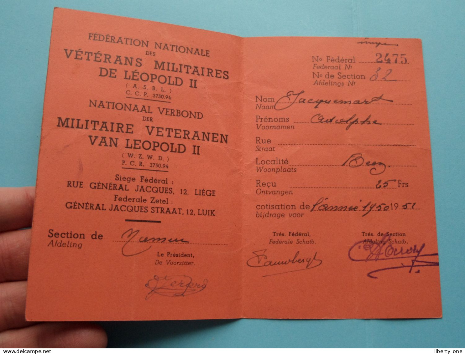 Nat. Verbond Der MILITAIRE VETERANEN Van LEOPOLD II - Des VETERANS MILITAIRES ( Zie / Voir Scans ) 1950/51 Lid/Membre ! - Dokumente