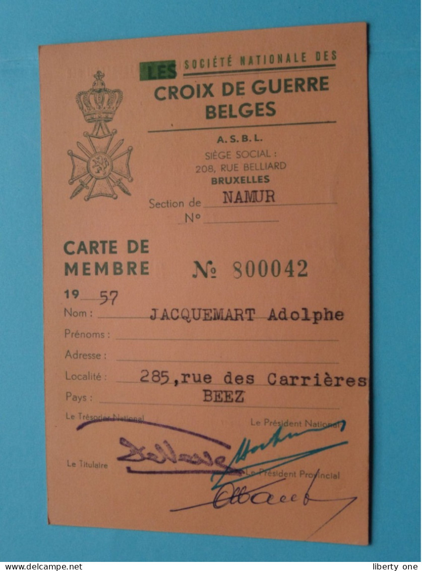 Soc. Nat. Des CROIX DE GUERRE BELGES - BELGISCHE OORLOGSKRUISEN ( Zie / Voir Scans ) 1957 Lid/Membre Namur ! - Dokumente