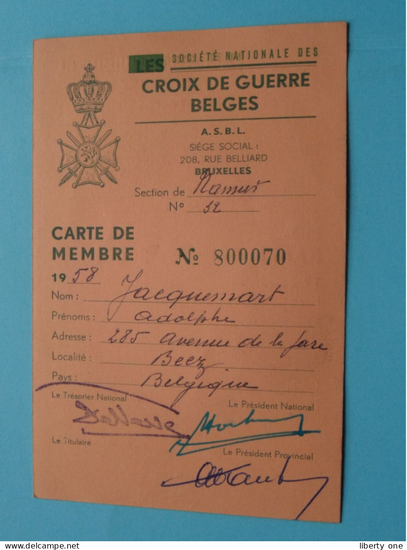 Soc. Nat. Des CROIX DE GUERRE BELGES - BELGISCHE OORLOGSKRUISEN ( Zie / Voir Scans ) 1958 Lid/Membre Namur ! - Documenti