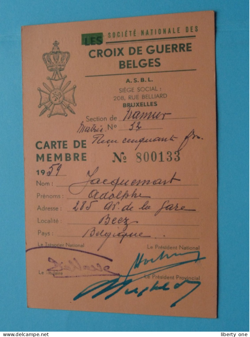 Soc. Nat. Des CROIX DE GUERRE BELGES - BELGISCHE OORLOGSKRUISEN ( Zie / Voir Scans ) 1959 Lid/Membre Namur ! - Documenti