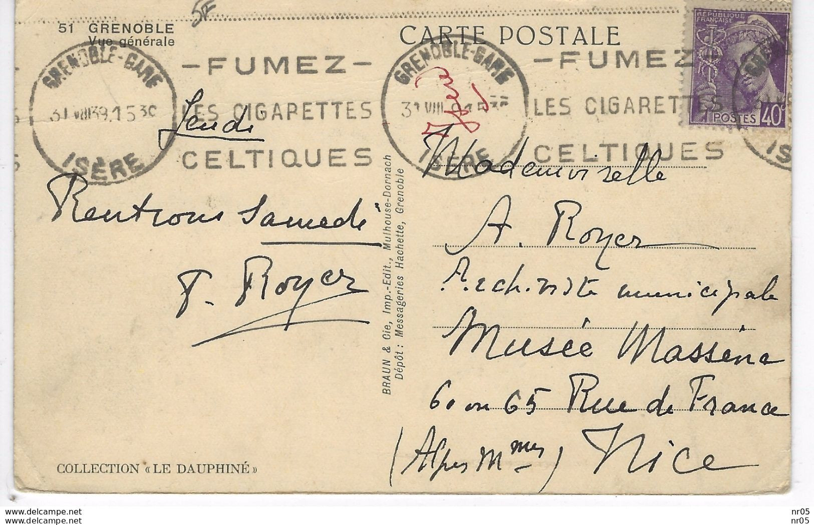 CP  Pour Archiviste Municipale Musee MASSENA NICE Flamme Krag " GRENOBLE - GARE - Isere " 1939 Cigarettes Celtiques - Altri & Non Classificati