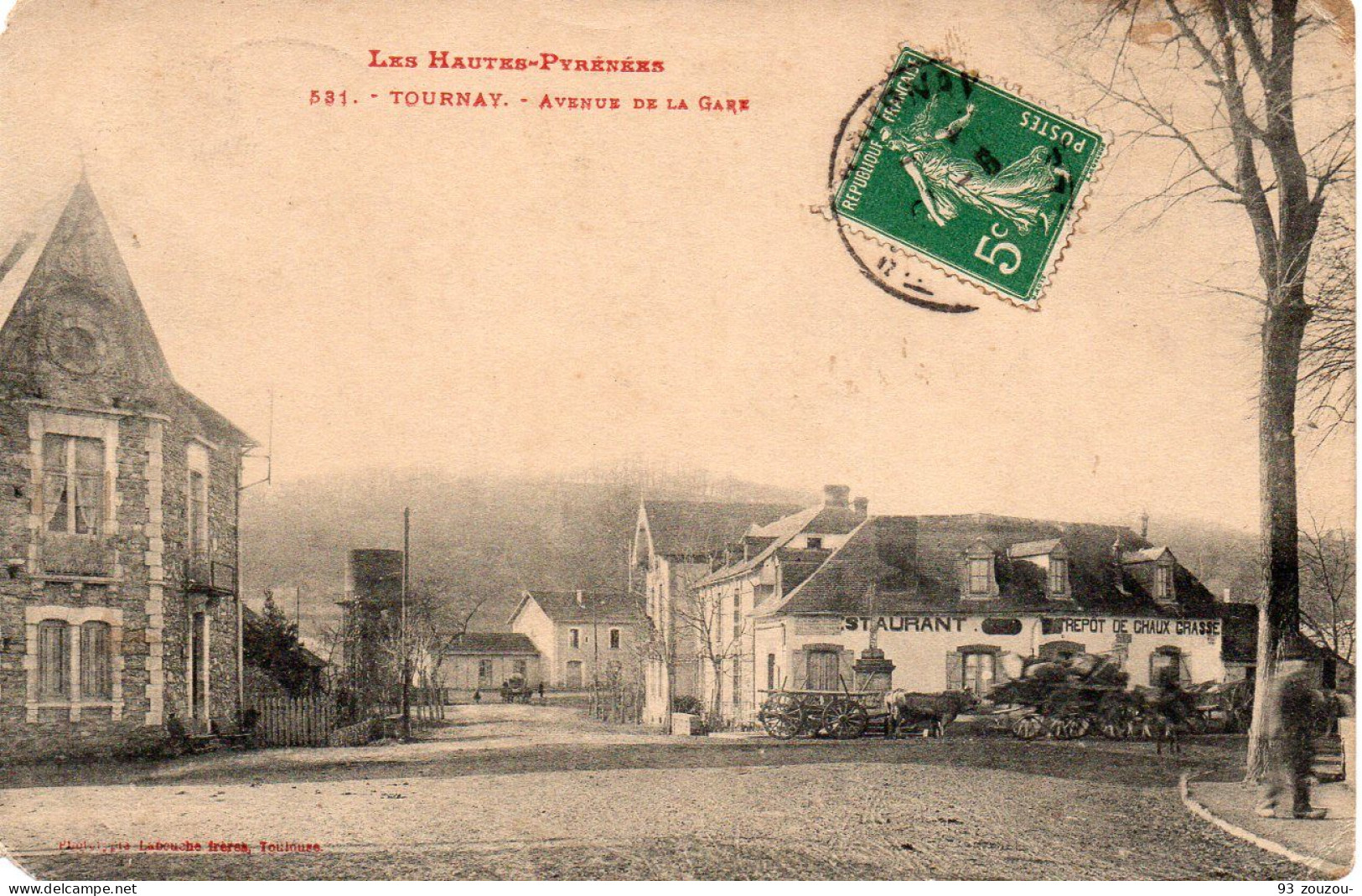 65. Les Hautes Pyrénées Tournay . Avenue De La Gare. Animée Charrette A Bœuf Et Restaurant ,depot De Chaux Grasse. - Tournay