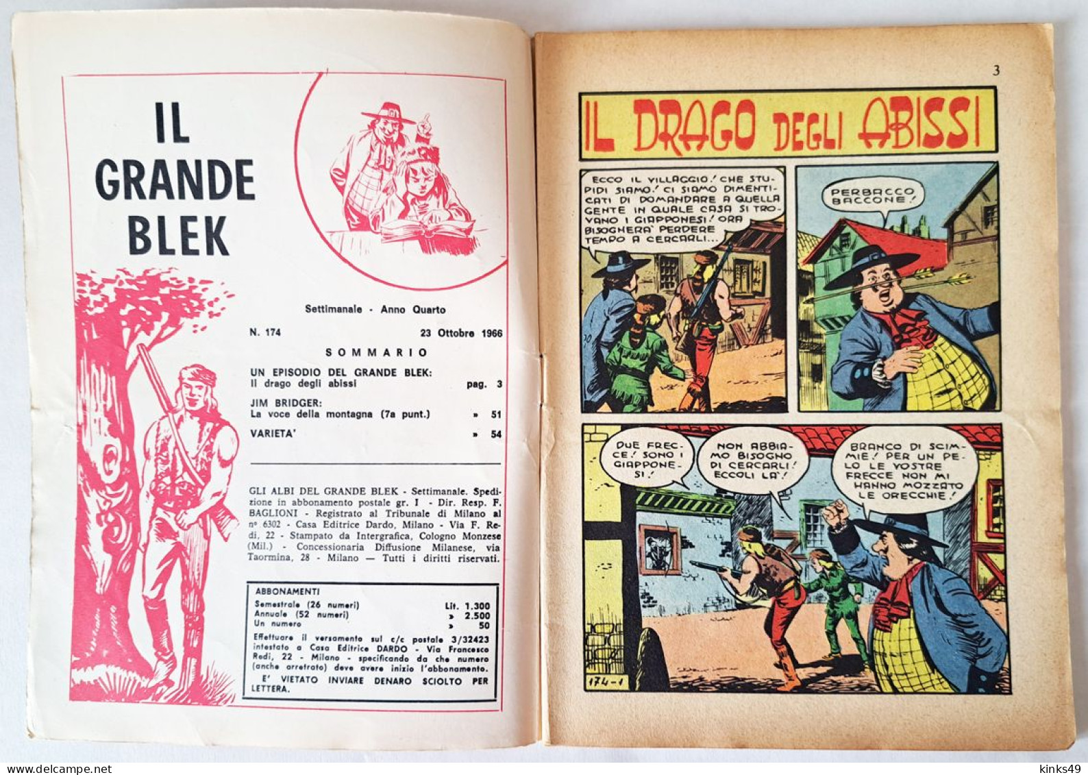 M443> GLI ALBI DEL GRANDE BLEK = N° 174 Del 23 OTT. 1966 < Il Drago Degli Abissi > - Prime Edizioni
