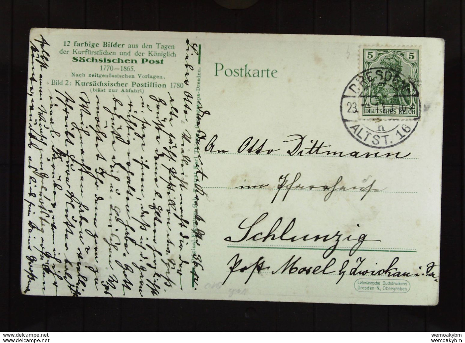 DR: AK "2. Kursächsische Postillion 1780 Bläst Zur Abfahrt" Aus Dresden 23.11.1911 Nach Schlunzig Mit 5 Pfg Knr: 85 I - Poste & Facteurs