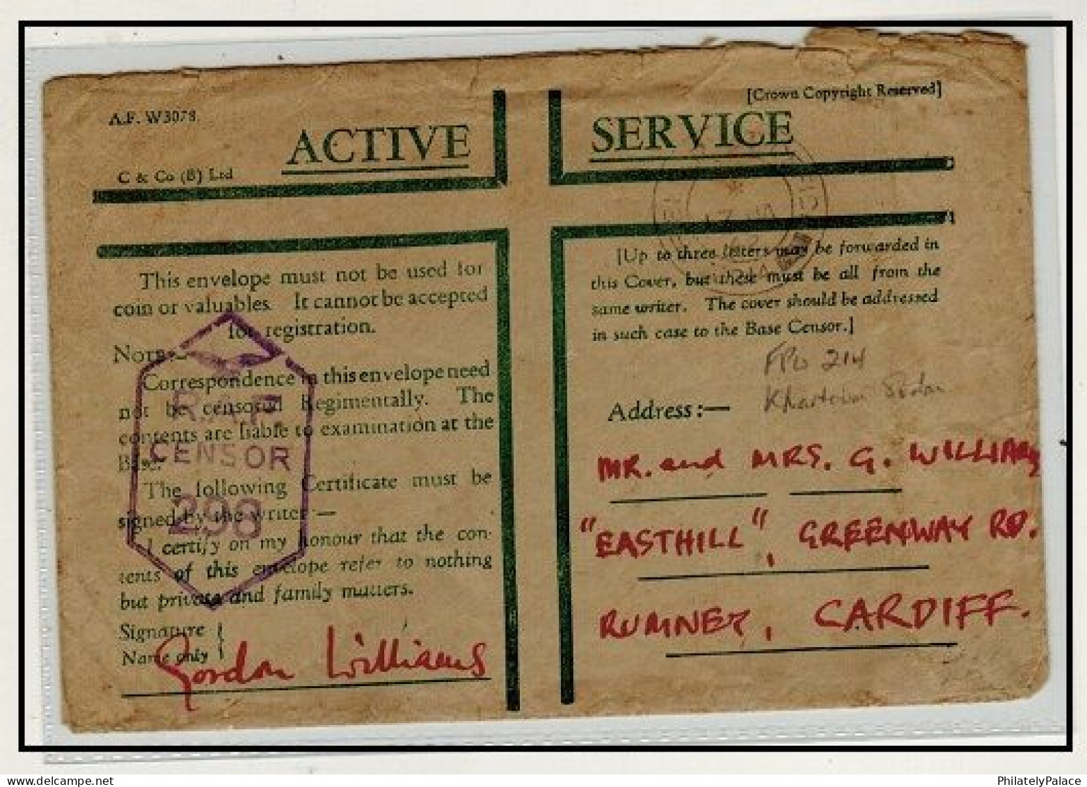 SUDAN - 1942 'ACTIVE SERVICE' RAF Censored Envelope Used At Military FPO 214 (Khartoum) To UK  (**) - Sudán Del Sur