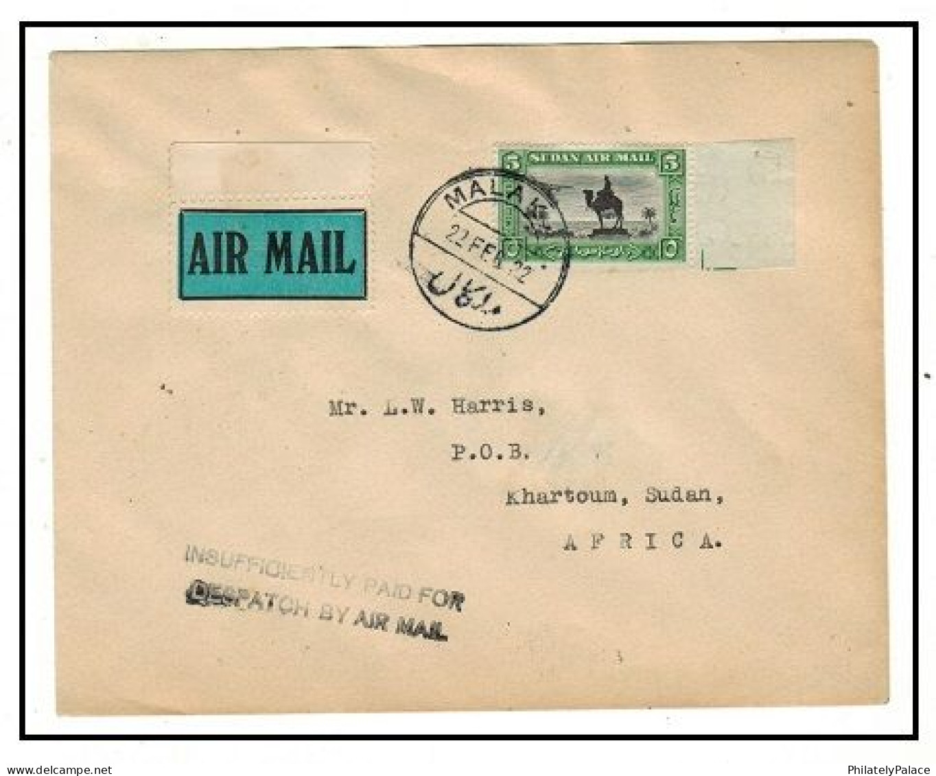 SUDAN - 1932 5m 'INSUFFICIENTLY PAID FOR/DESPATCH BY AIR MAIL' Cover Used At MALAKAL (**) VERY RARE - Südsudan