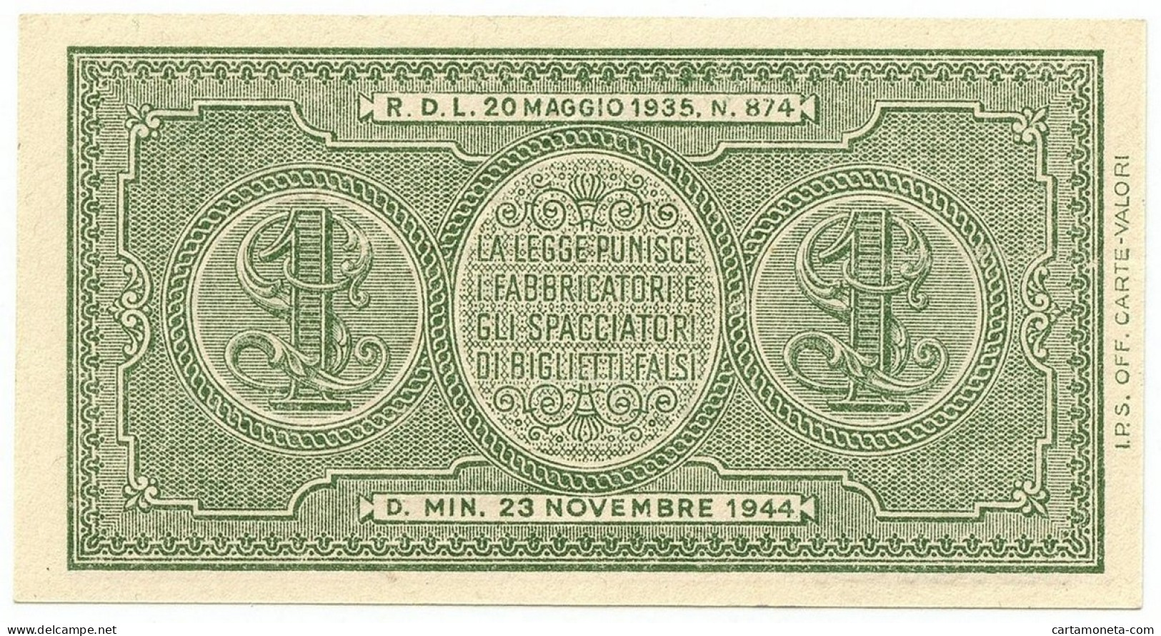 1 LIRA BIGLIETTO DI STATO LUOGOTENENZA UMBERTO VENTURA 23/11/1944 FDS - Regno D'Italia – Other