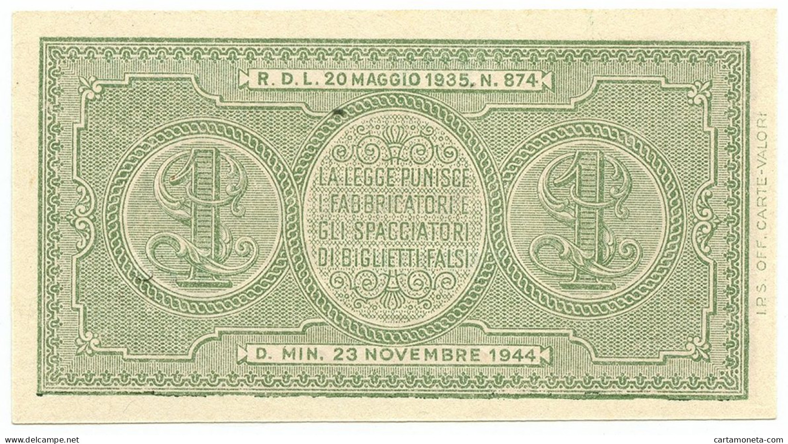 1 LIRA BIGLIETTO DI STATO LUOGOTENENZA UMBERTO VENTURA 23/11/1944 FDS - Regno D'Italia – Autres