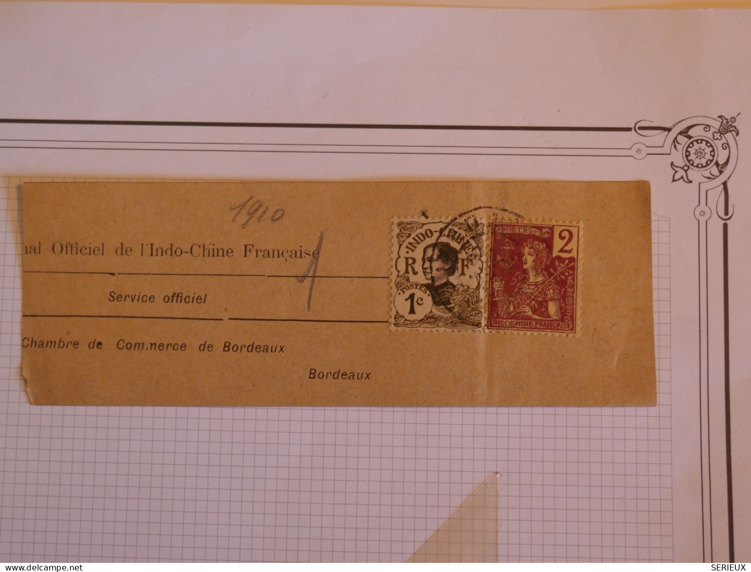 AZ22 INDOCHINE  BELLE   BANDE JOURNAL MAI  1910 SERVICE OFFICIEL  TONKIN . BORDEAUX + AFFRANCH. PLAISANT+++ - Storia Postale