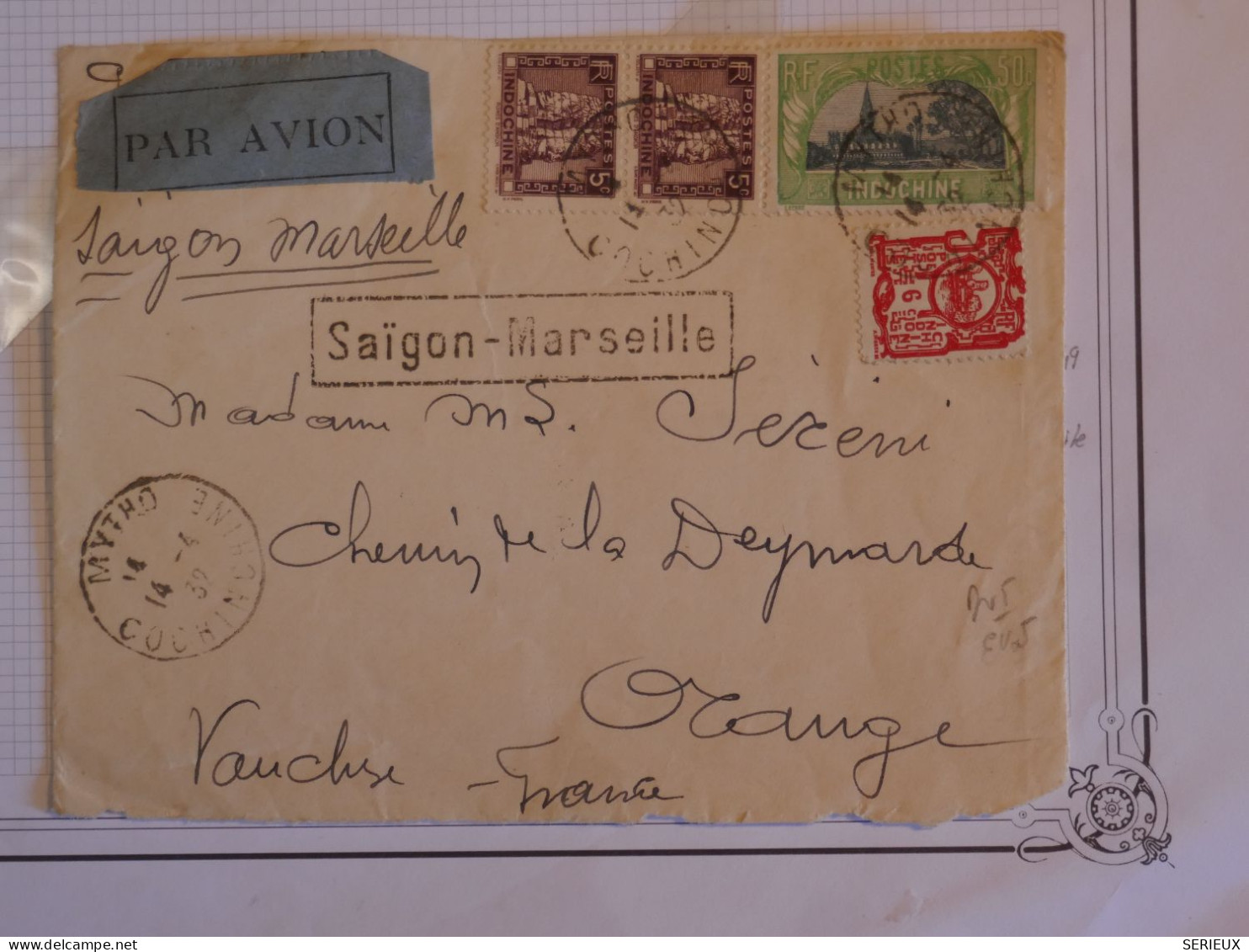 AZ22 INDOCHINE   LETTRE DEVANT RR 1932 MYTHO. SAIGON A MARSEILLE . ORANGE  FRANCE +PAIRE DE TP  + AFFRANCH. PLAISANT+++ - Cartas & Documentos