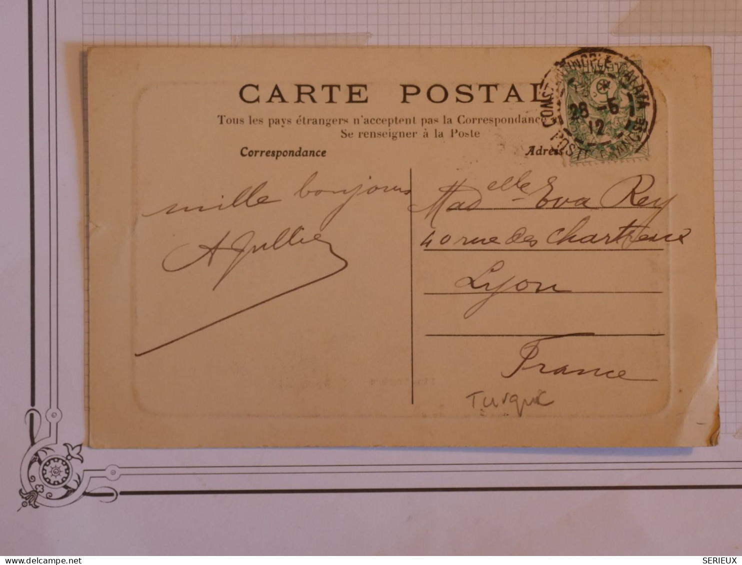 AZ22 TURQUIE  BELLE CARTE RR 1912 COSTANTINOPLE A LYON  FRANCE +STE SOPHIE  + AFFRANCH. INTERESSANT+++ - Cartas & Documentos
