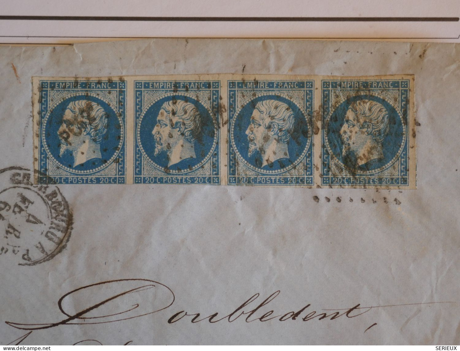 AZ22 FRANCE BELLE LETTRE  RRR 1861 CHERBOURG  A PARIS+BANDE DE 4 NAPOLEON N°14+UN VOISIN  + AFFRANCH. INTERESSANT+++ - 1853-1860 Napoleon III