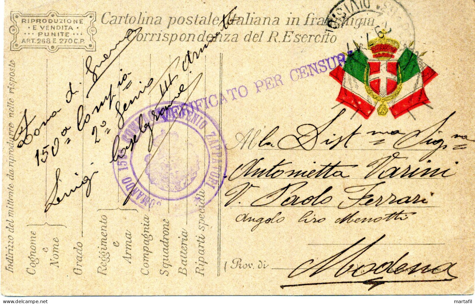 Franchigia, 1917 Posta Militare, 150° Compagnia Zappatori, Modena - Portofreiheit