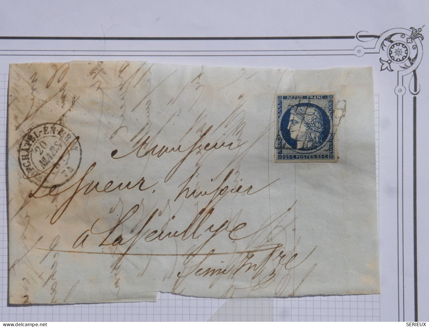 AZ22 FRANCE LETTRE INCOMPLETE  20 MARS 1851 NEUCHATEL A LA FEUILLYE+  CERES N° 4 GRILLE  +++ AFFRANCH. PLAISANT+++ - 1849-1850 Cérès