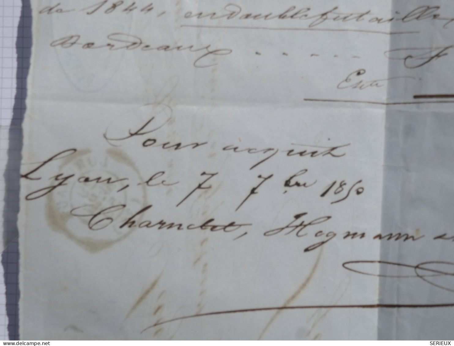 AZ22 FRANCE LETTRE  AVRIL1850 BORDEAUX A LYON +  CERES N° 3 GRILLE  +++ AFFRANCH. INTERESSANT+++ - 1849-1850 Cérès