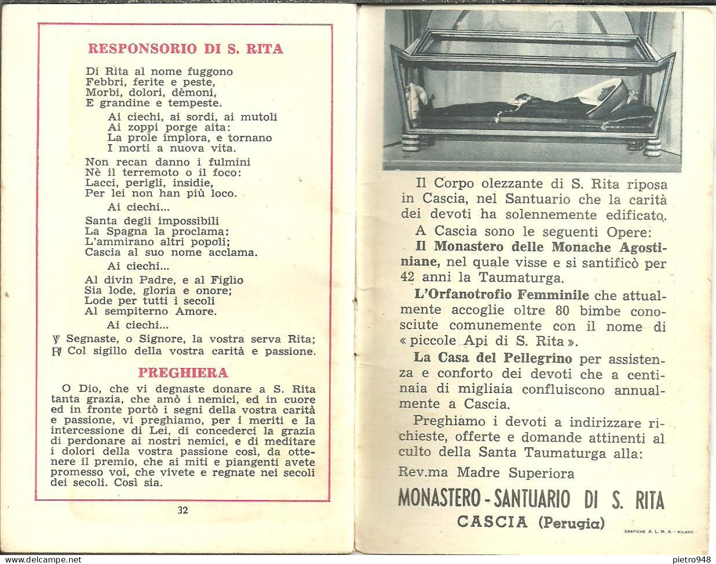 Libro (Libretto) Religioso, "Santa Rita da Cascia", Vita di Santa Rita, Ed. Monastero S. Rita 1956