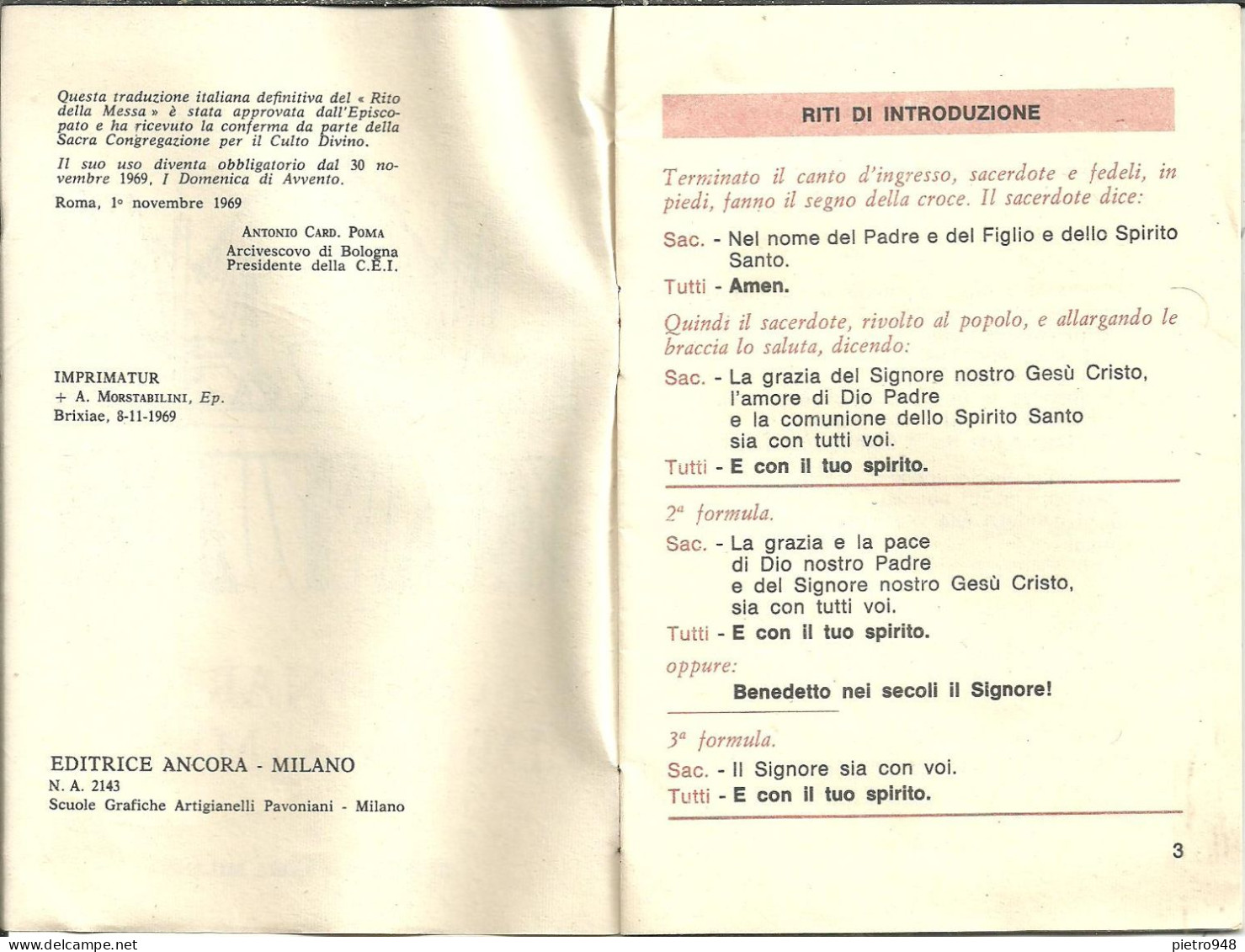 Libro (Libretto) Religioso, "Ordinario Della Santa Messa", Ed. Ancora, Milano, 1969 - Religión/Espiritualismo