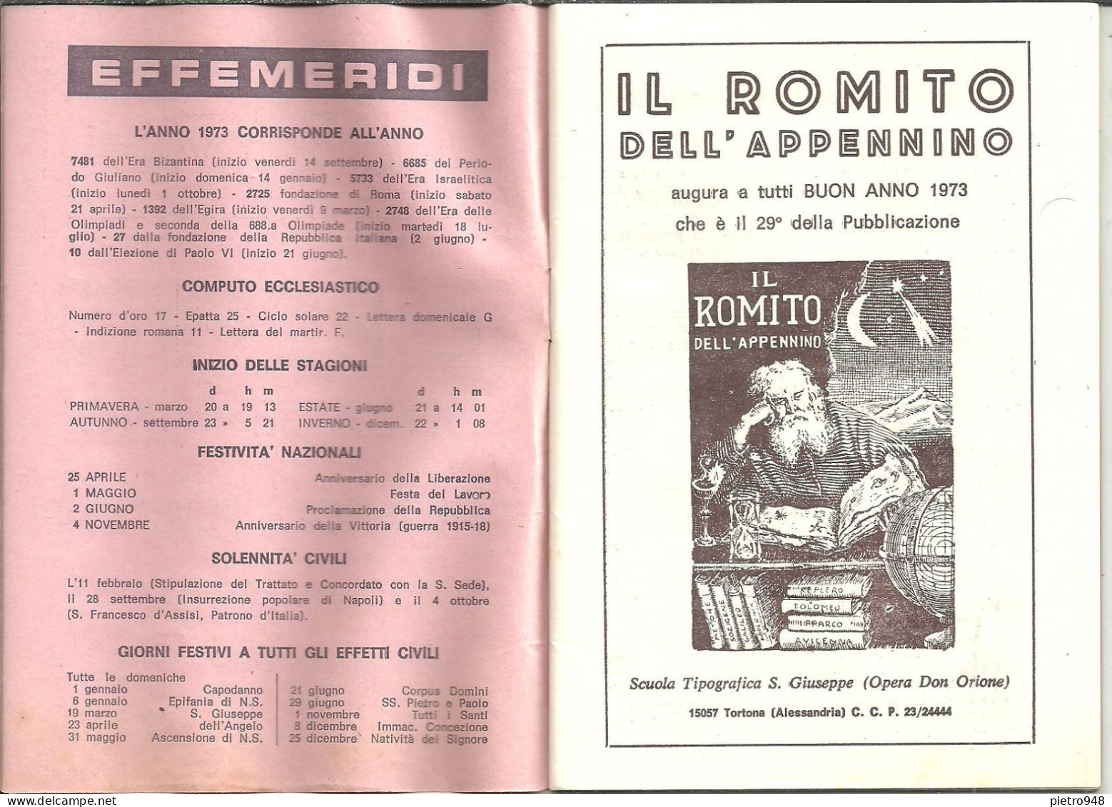 Libro (Libretto) Religioso "Il Romito Dell'Appennino 1973", Ed. Scuola Tipografica S. Giuseppe-Opera Don Orione Tortona - Religión/Espiritualismo