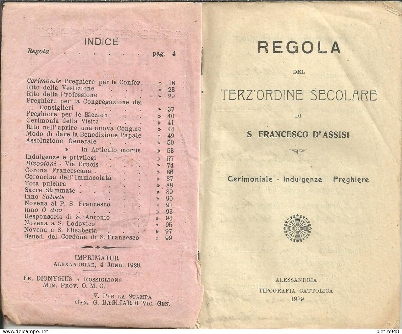 Libro (Libretto) Religioso, "Regola Del Terz'Ordine Secolare Di S. Francesco", Ed. Tipografia Cattolica Alessandria 1929 - Religión/Espiritualismo