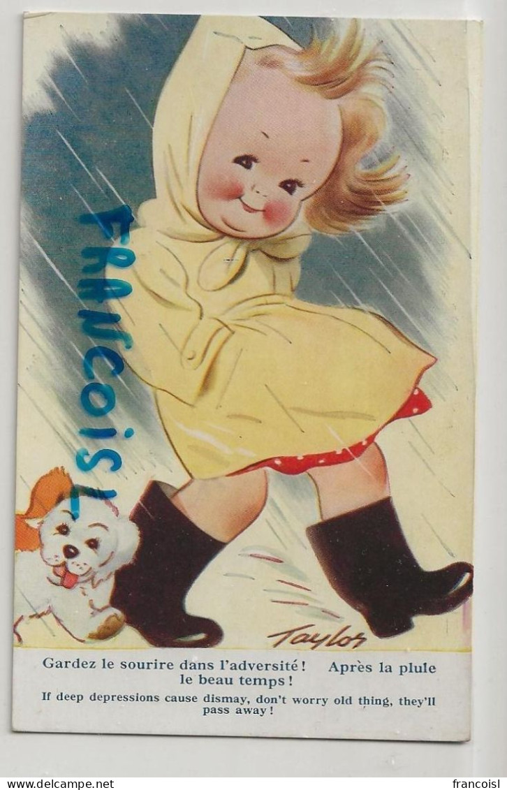 Petite Fille Et Chiot Dans La Pluie, Ciré. " Gardez Le Sourire ... Après La Pluie Le Beau Temps" Signée Taylor - Taylor