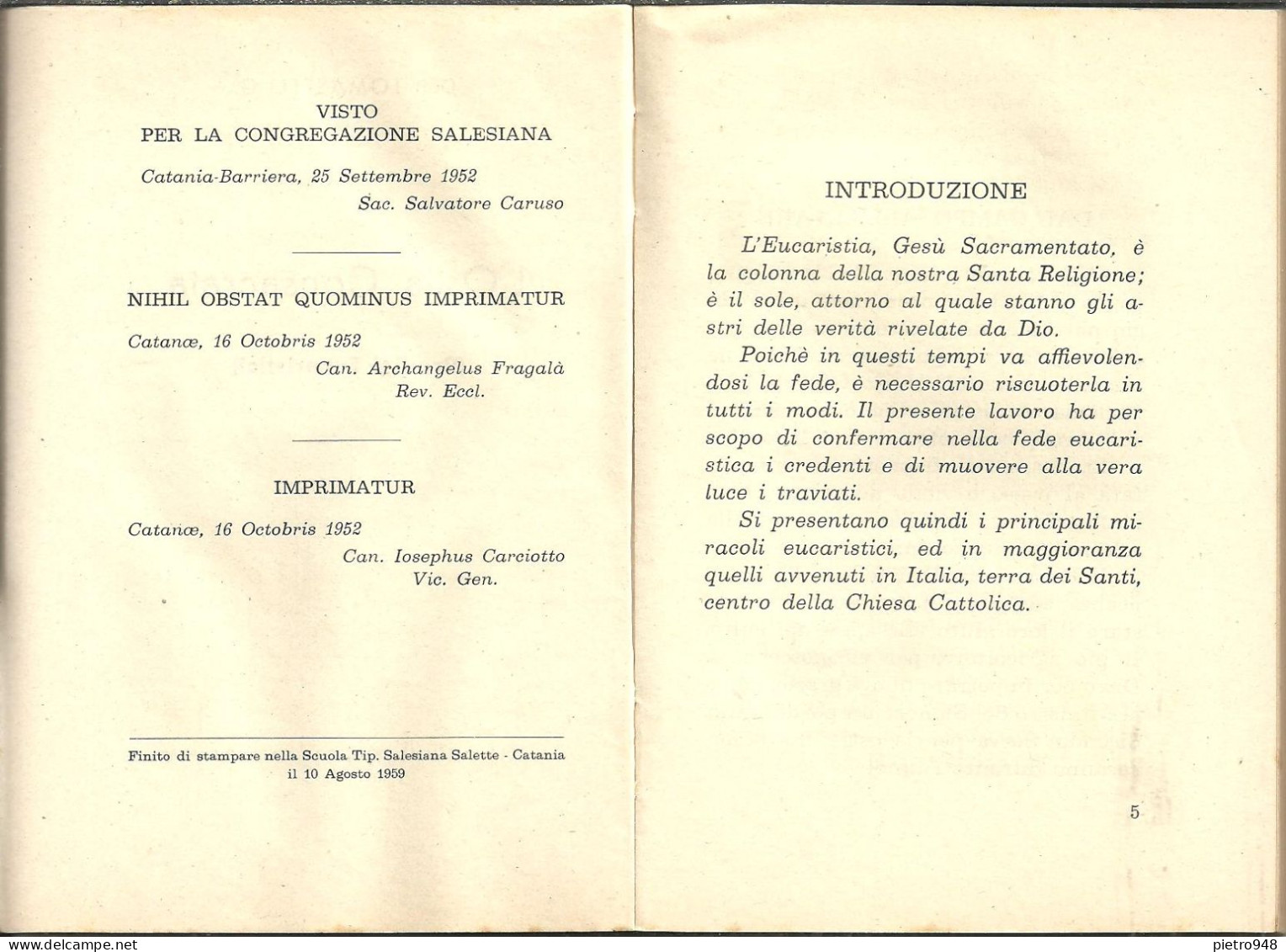 Libro (Libretto) Religioso, "L'Ostia Consacrata", XVI Congr Eucaristico Naz., Ed. Scuola Salesiana Catania Barriera 1959 - Religión/Espiritualismo