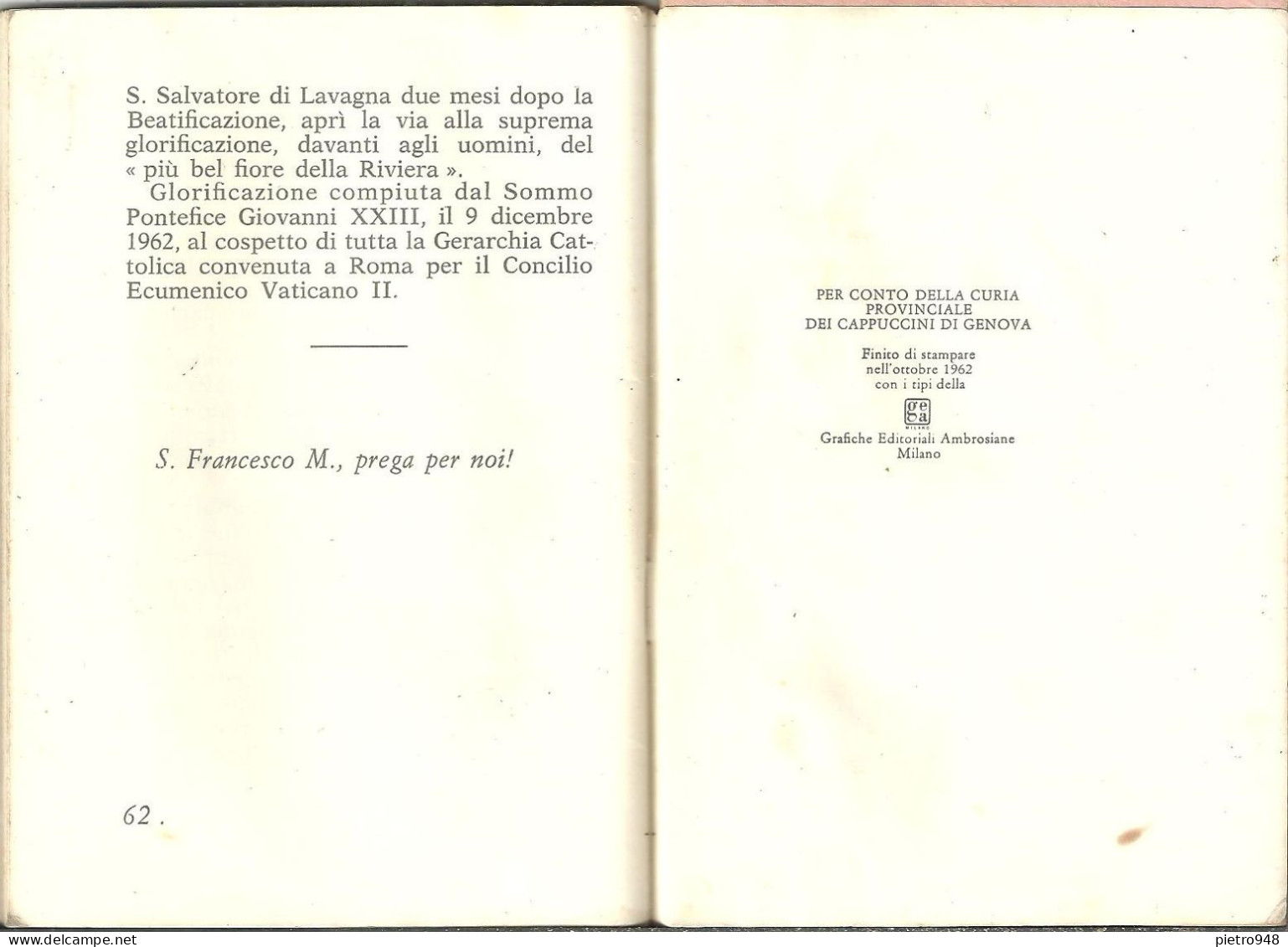 Libro (Libretto) Religioso "Il Più Bel Fiore della Riviera" S. Francesco da Camporosso Curia Prov Cappuccini Genova 1962