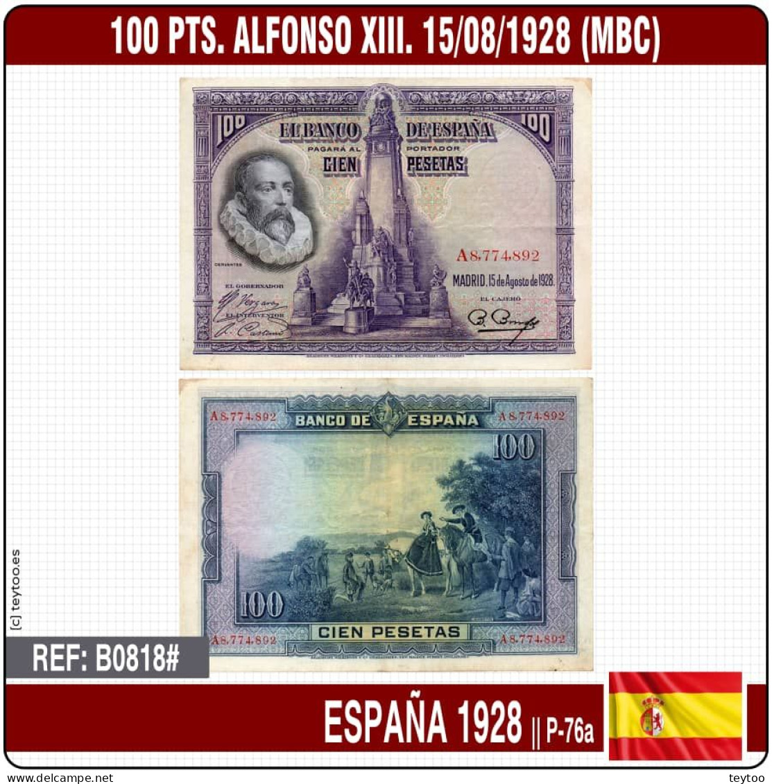 B0818# España 1928. 100 Pts. Alfonso XIII - Tipo A (MBC) P-76a - 100 Peseten