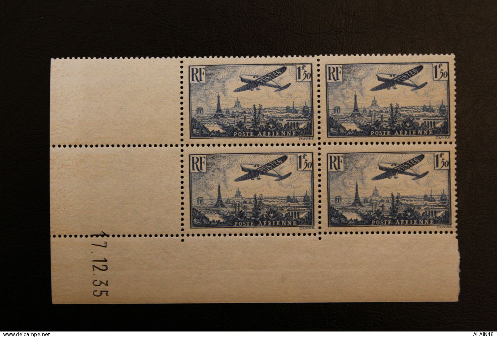 FRANCE PA N°9 1F50 BLEU COINS DATES NEUF** "AVION SURVOLANT PARIS " Du 17.12.1935 TB - Poste Aérienne