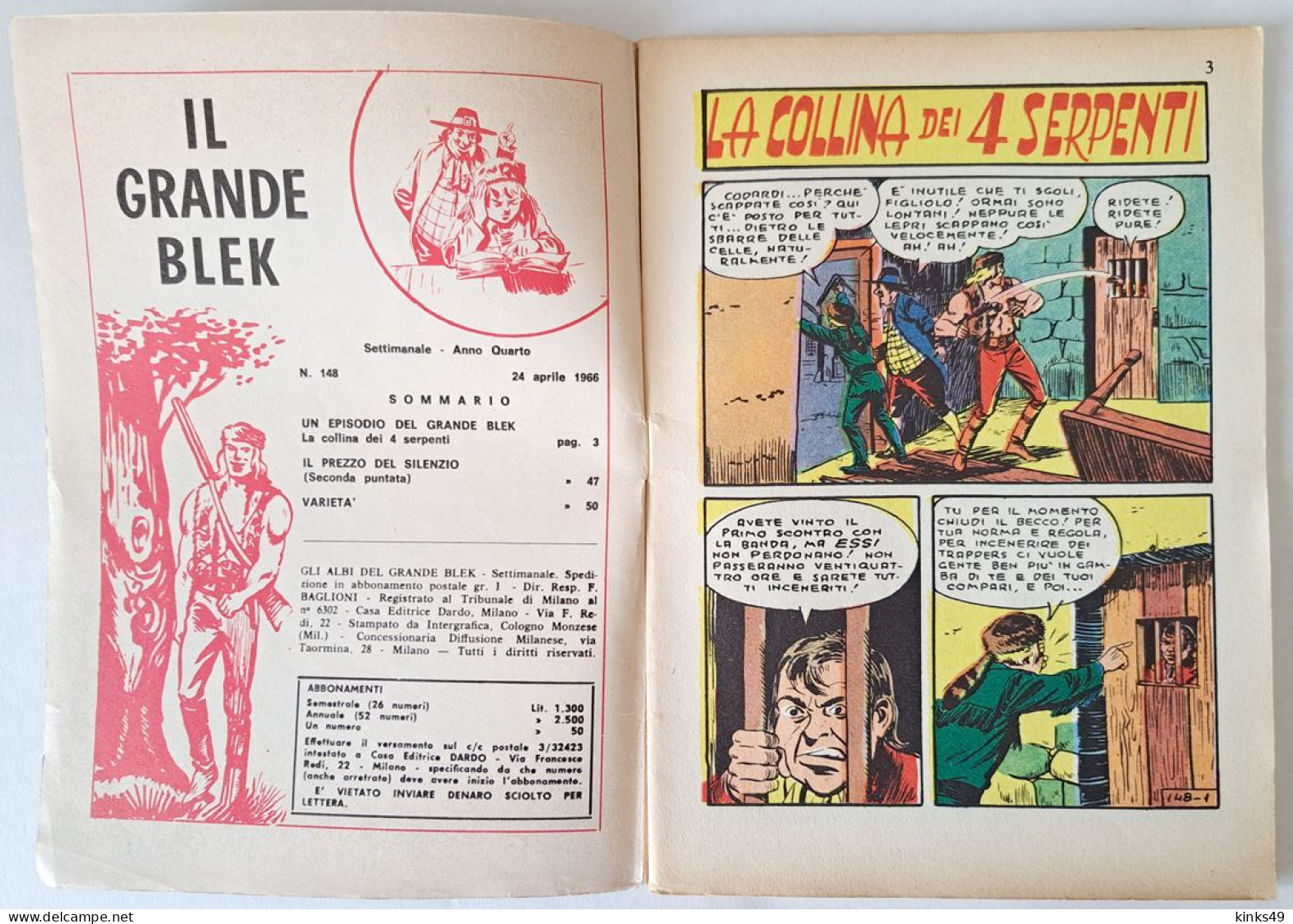 M449> GLI ALBI DEL GRANDE BLEK = N° 148 Del 24 APRILE 1966 < La Collina Dei 4 Serpenti > - First Editions