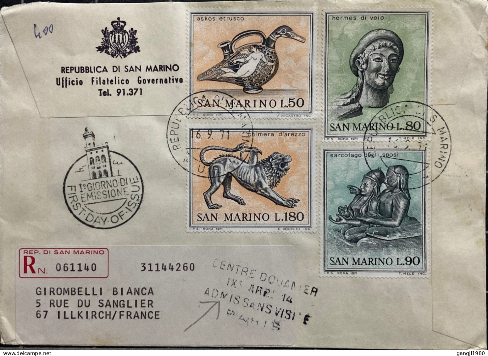 SAN MARINO-1971, REGISTER COVER, USED TO FRANCE, DUCK JUG, HERMES HEAD, MAN & WIFE COUPLE, CHIMERA, ILLKIRCH CITY CANCEL - Lettres & Documents